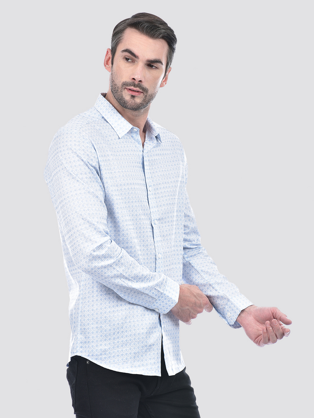 Numero Uno Men Geometric Print Sky Blue Shirt